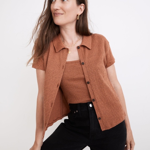Madewell Earthen Red knit textured button front shirt Sz L cotton blend stretch - Picture 4 of 4